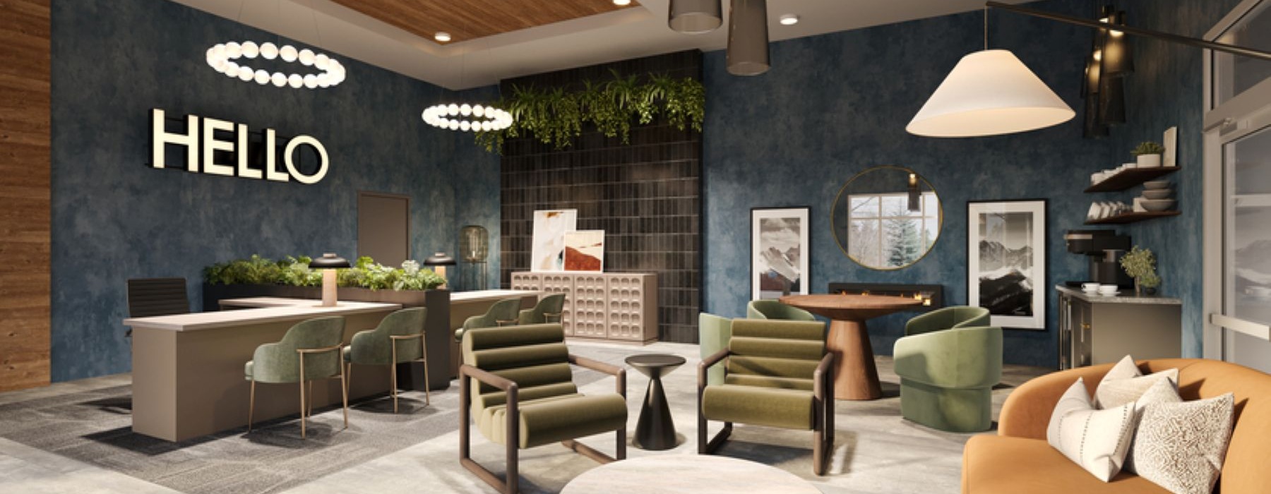 lounge area with sign on wall