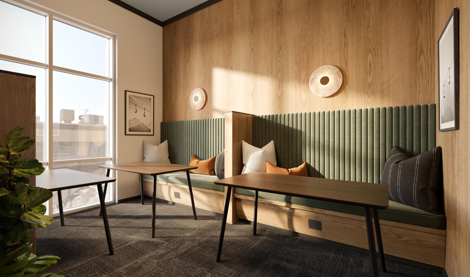 a seating area with tables