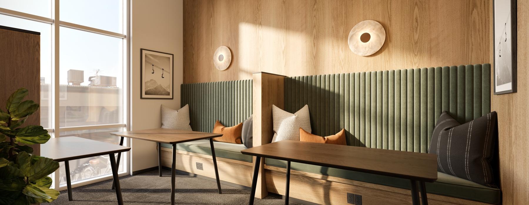 a seating area with tables