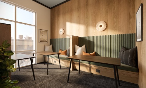 room with large windows and desk
